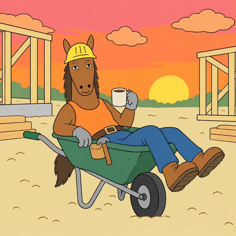The horse lounges in a wheelbarrow drinking coffee under a pink sunset