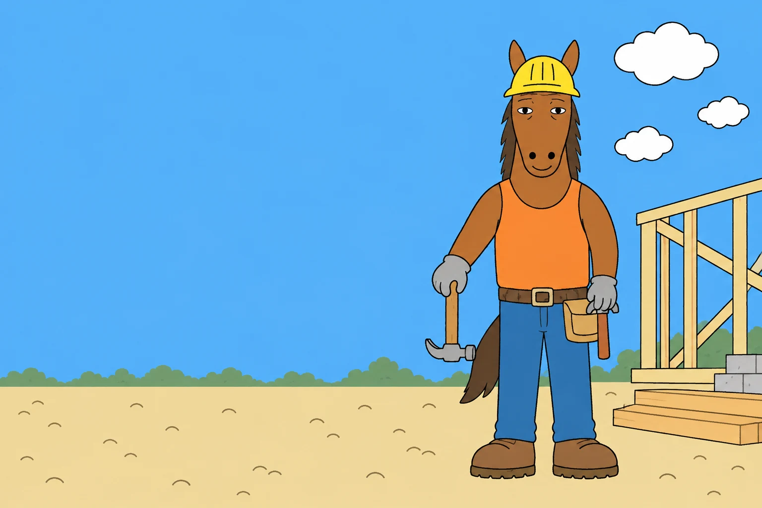A sleepy horse in a yellow hardhat holds his hammer upside down at a construction site