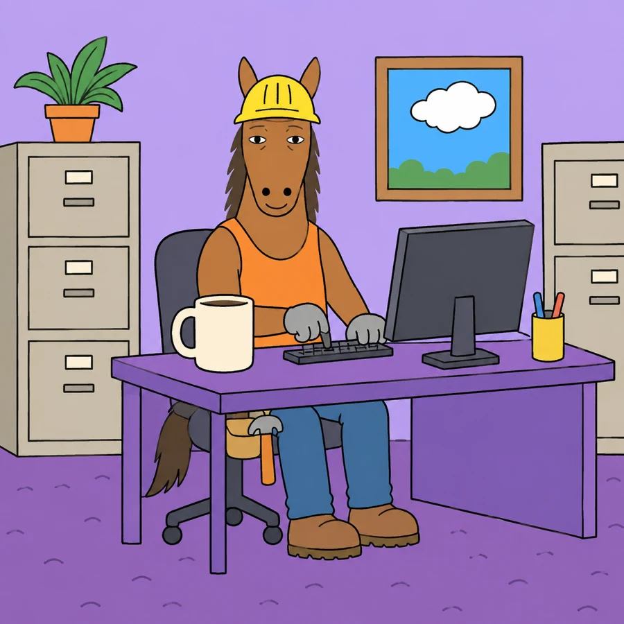 The horse slowly types at a purple office desk beside an enormous coffee mug