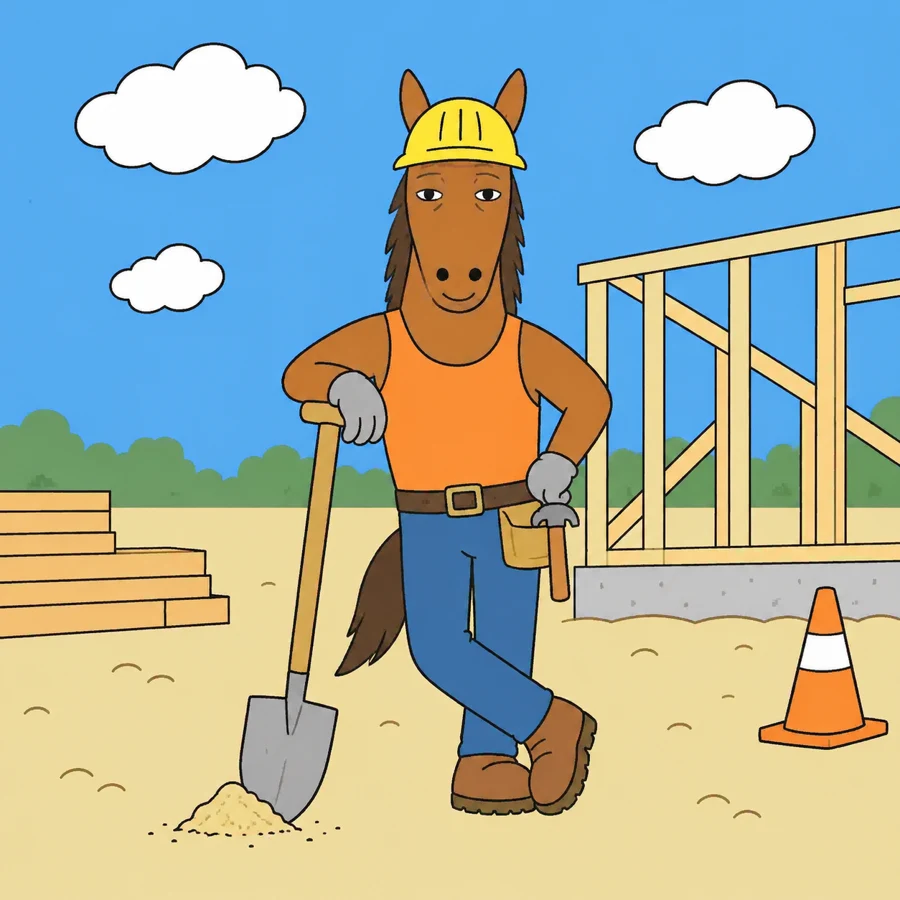 The horse proudly stands with a shovel beside a tiny pile of sand at a silly building site